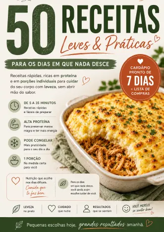 Capa do ebook 50 Receitas Leves & Práticas com destaque para cardápio de 7 dias