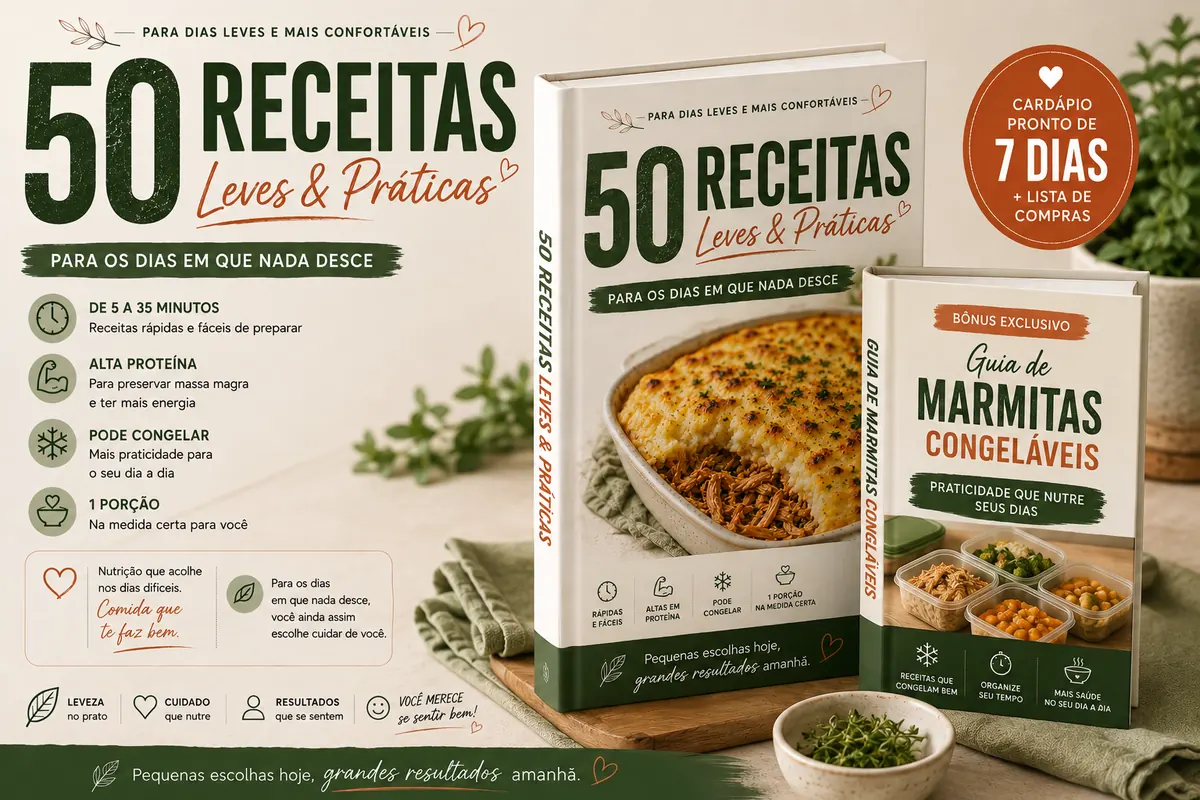 Capa do ebook 50 Receitas Leves & Práticas ao lado da capa do guia bônus de marmitas congeláveis
